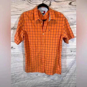 Tommy Hilfiger Orange Plaid Short Sleeve Polo Button Up